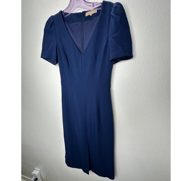 Michael Kors Navy Blue V-Neck Cap Sleeve Front Slilt Fitted Midi Dress 2 - Picture 4 of 14